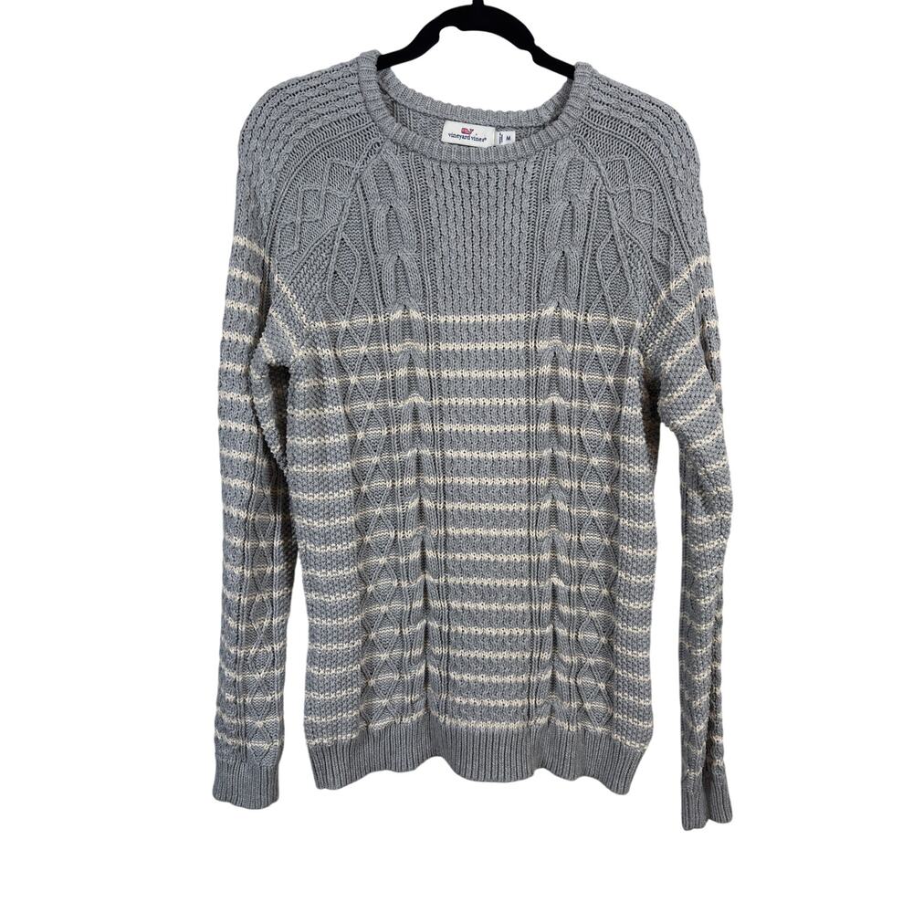 Vineyard Vines Sweater Womens Medium Gray Cotton Stripe Cable Crewneck Knit